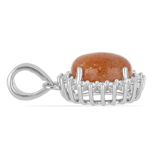 REAL SUNSTONE (ORANGE) GEMSTONE HALO PENDANT IN STERLING SILVER
